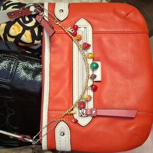 COACH LIGHT RED LEATHER CROSSBODY WITH PURSE CHARM NECLACE!